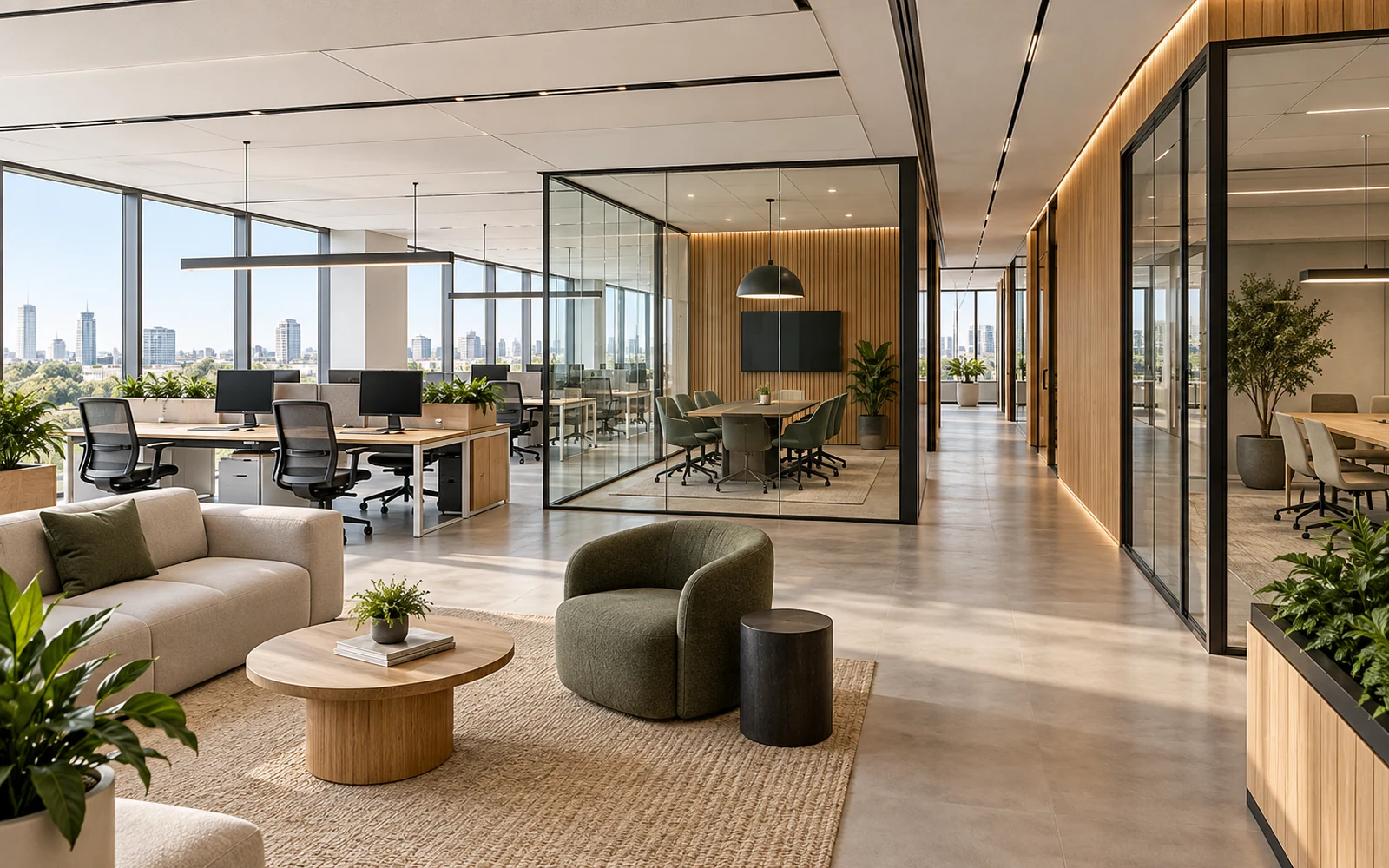 Interior contemporáneo de oficinas con despachos acristalados