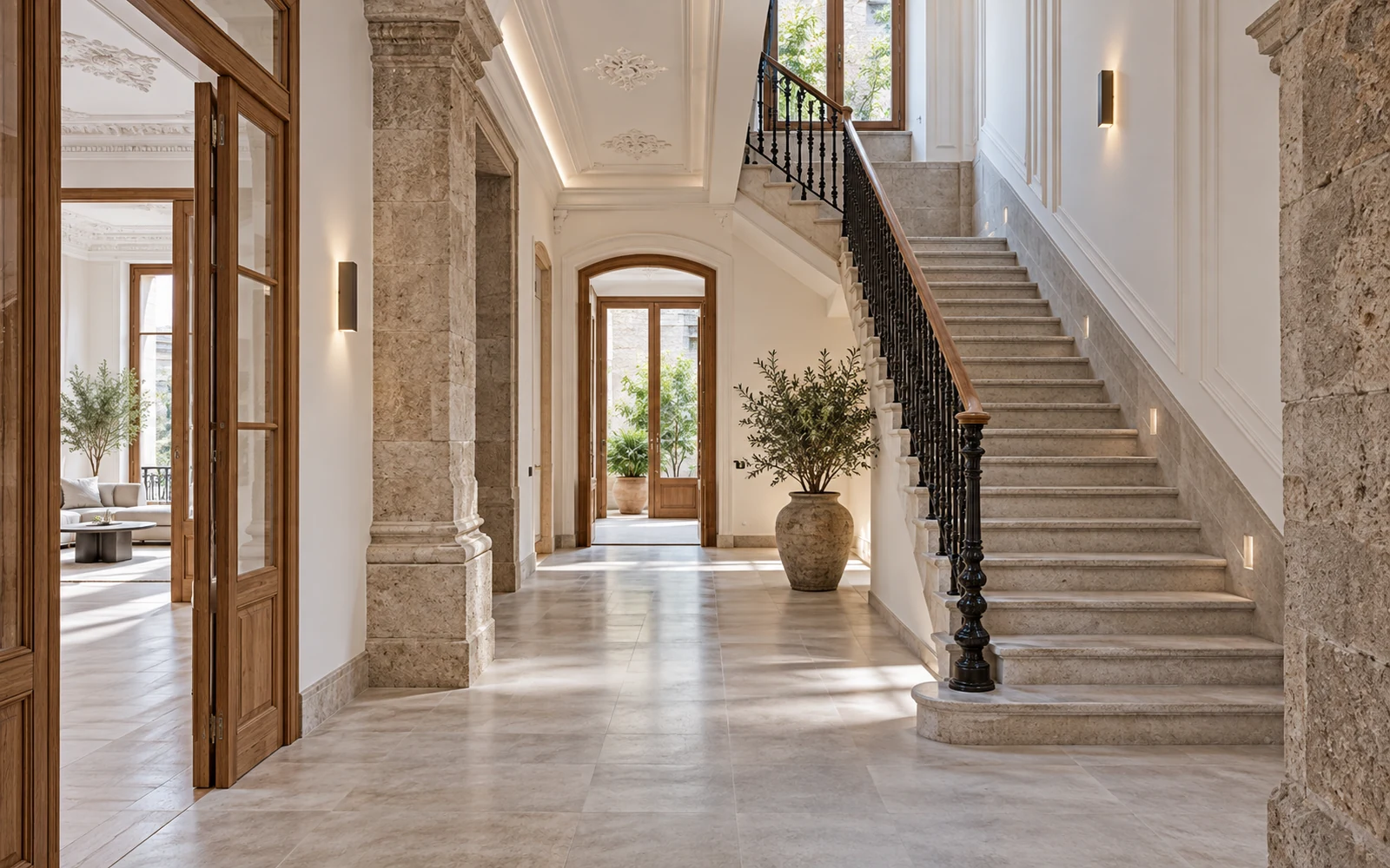 Interior rehabilitado con escalera de piedra y acabados contemporáneos