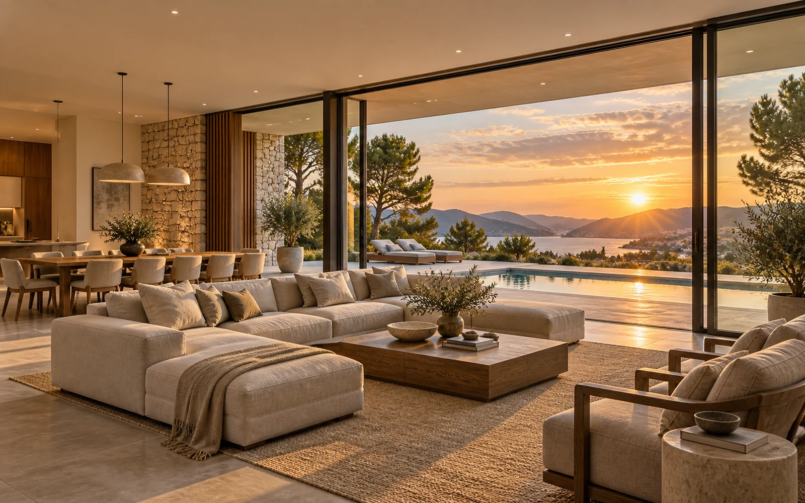 Interior de una vivienda unifamiliar conectado con terraza y piscina